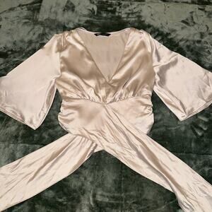 Zara Satin Like Taupe Cream Blouse Women’s Size XS Boho Fairy Front Tie NEW